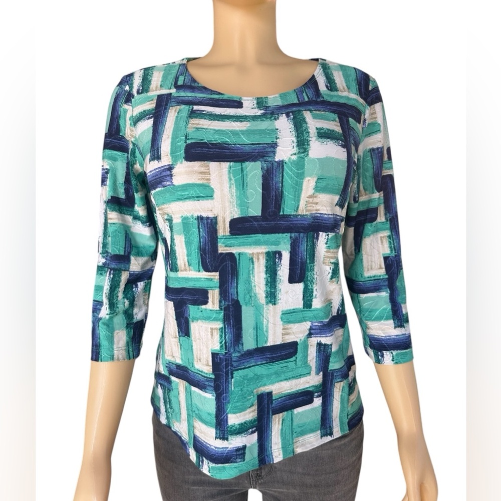 JM Collection Pull Over Abstract Print Top - Blue and Green